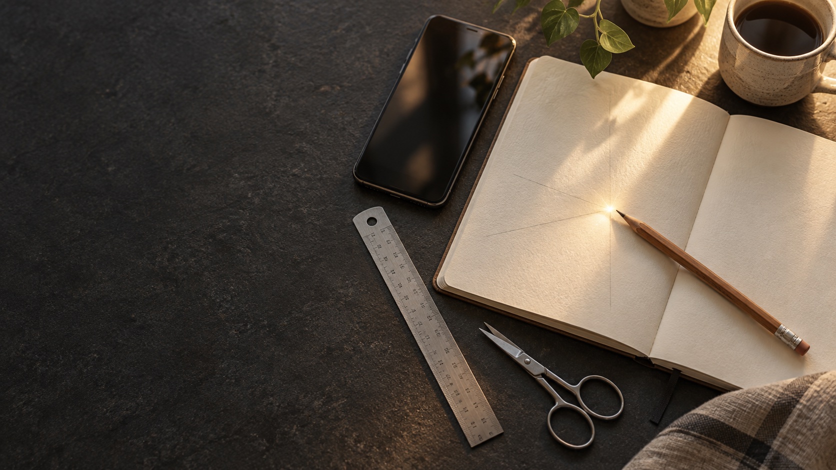A notebook, pencil, ruler, scissors and phone. A small spark of discovery appears at the pencil tip among familiar everyday tools.