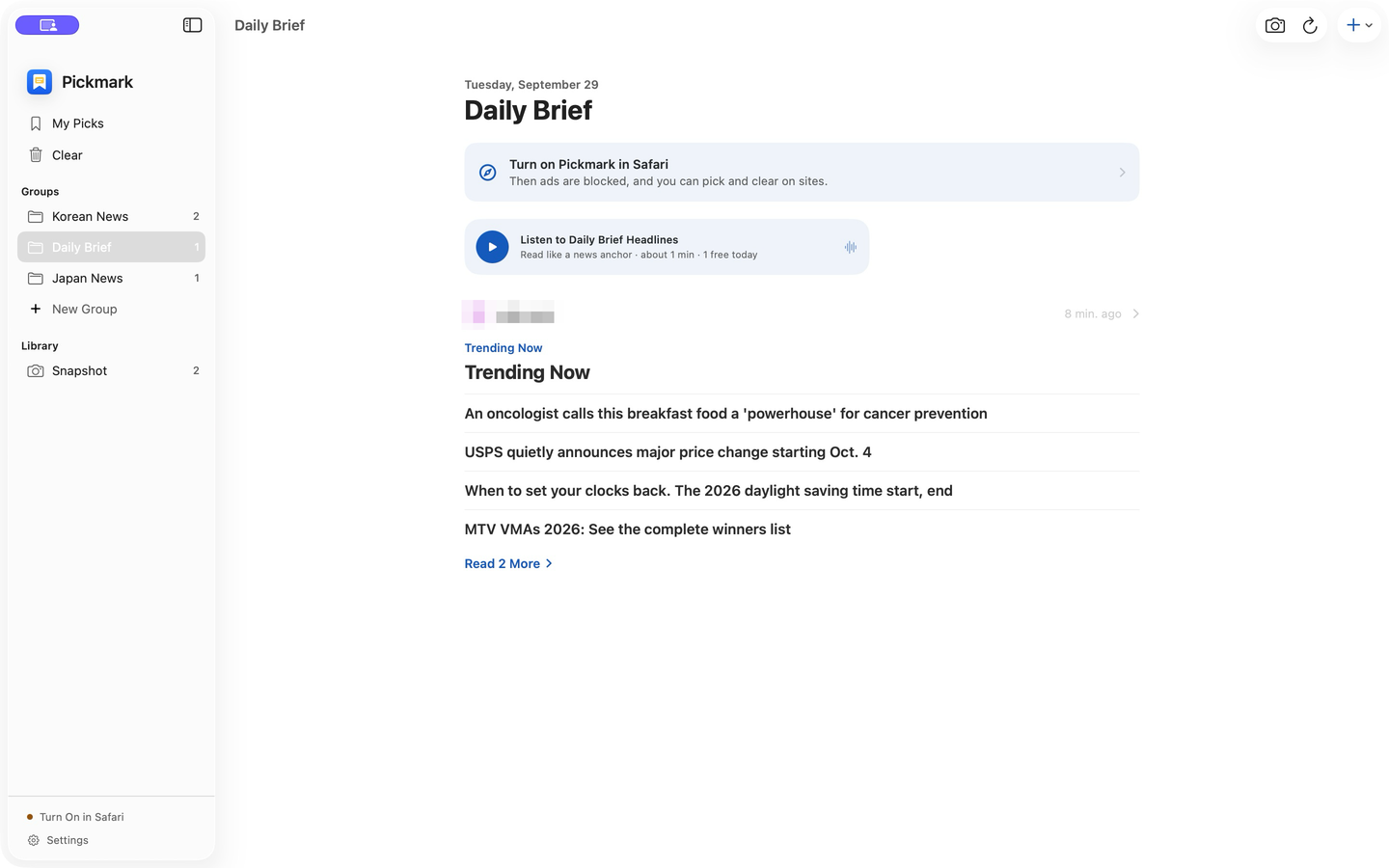 Pickmark for Mac showing picks collected in a group and the option to listen to headlines
